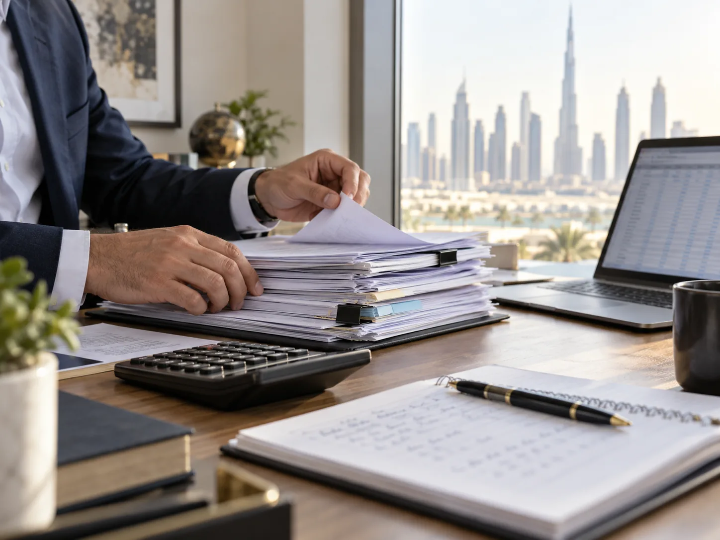 An accountant reviewing financial records at a desk
