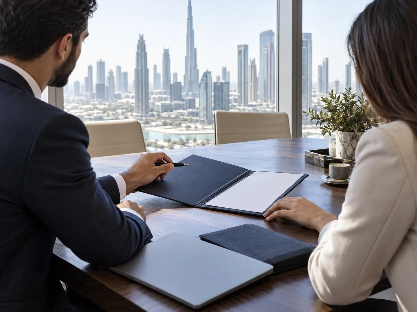 Professionals discussing company plans in an office