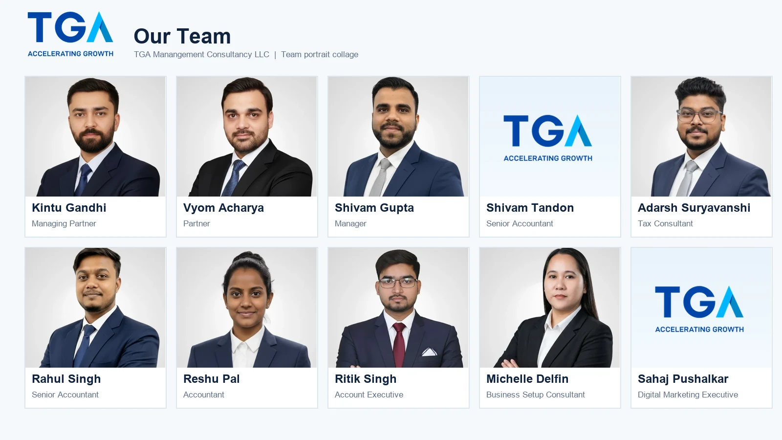 TGA team portrait collage with ten named team members and TGA logo placeholders for two profiles